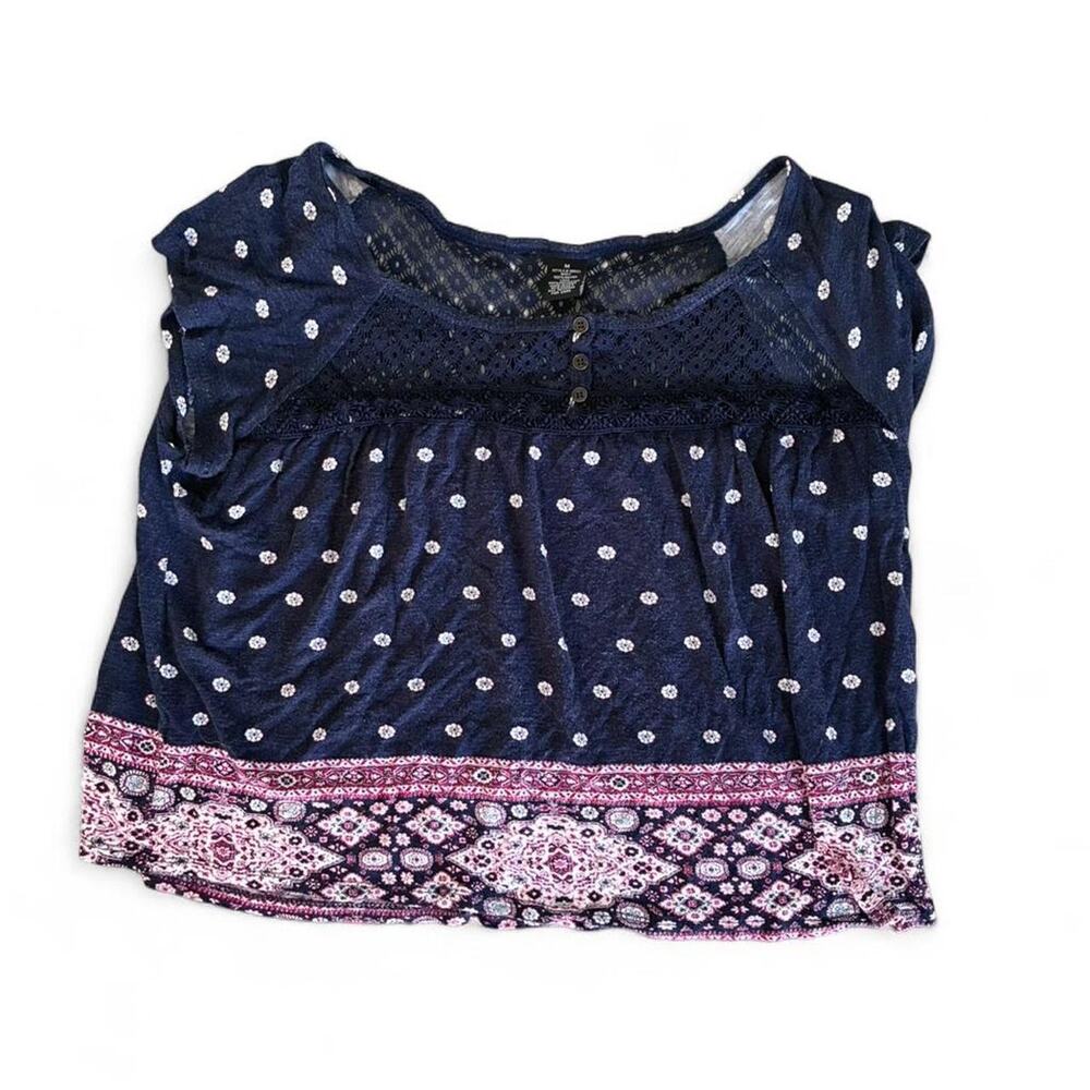 Navy blue and pink summer top with a boho vibe women sz Medium M